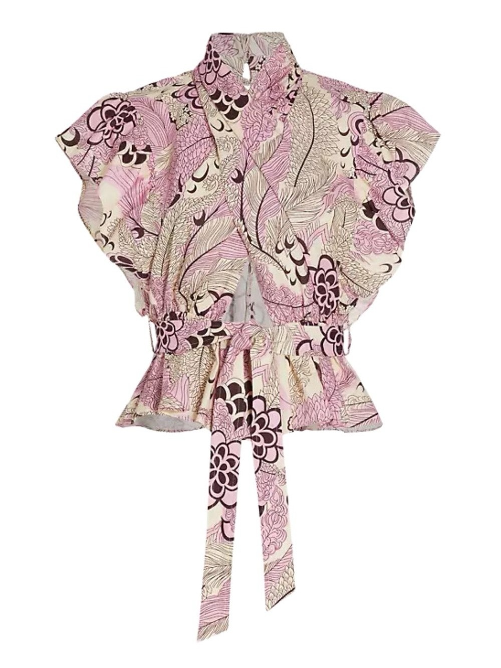 DEREK LAM 10 CROSBY Brynn Ruffle Top Pink Floral Tie-Waist Flutter Sleeve Blouse